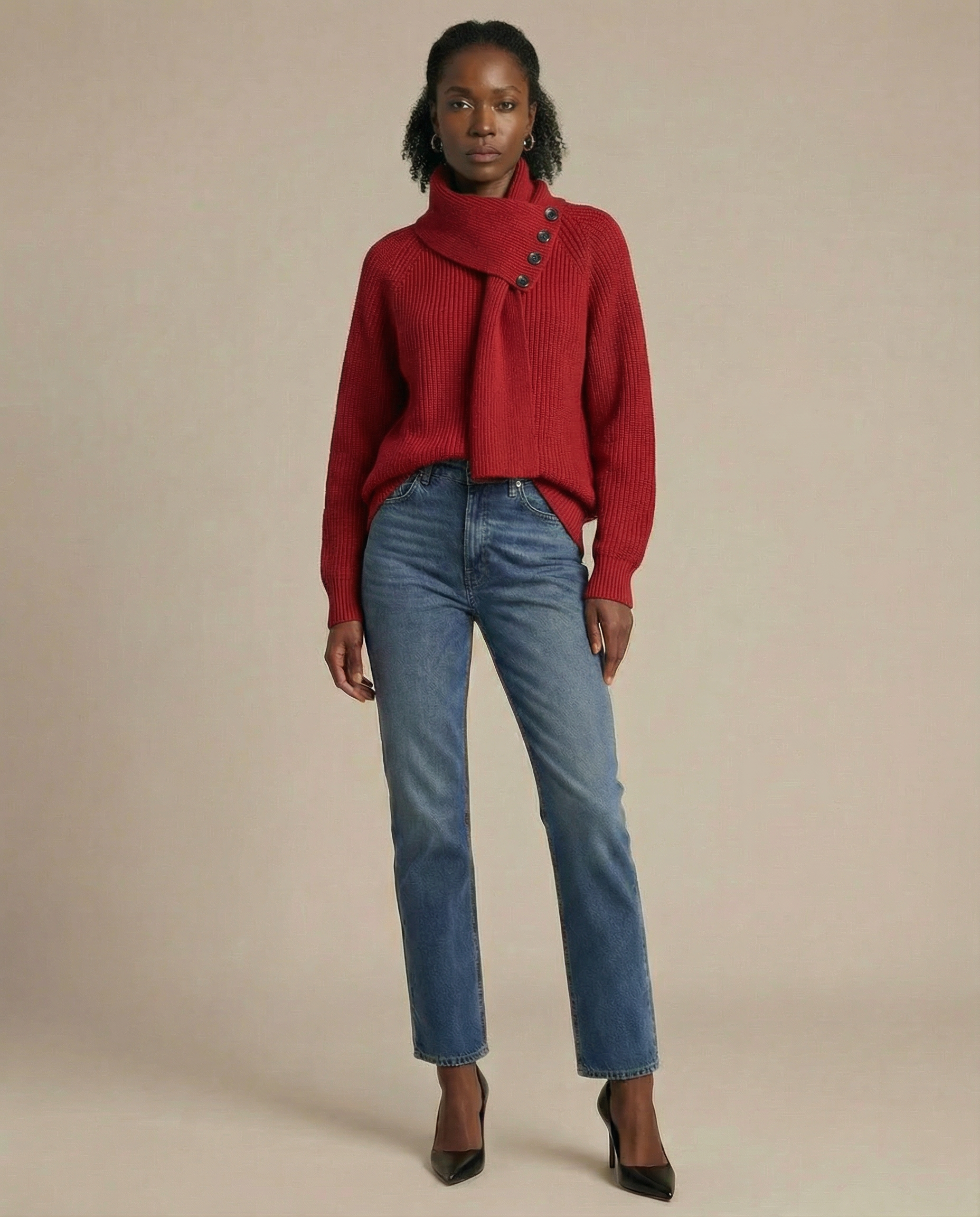 Harper Asymmetric Button-Neck Knit Sweater