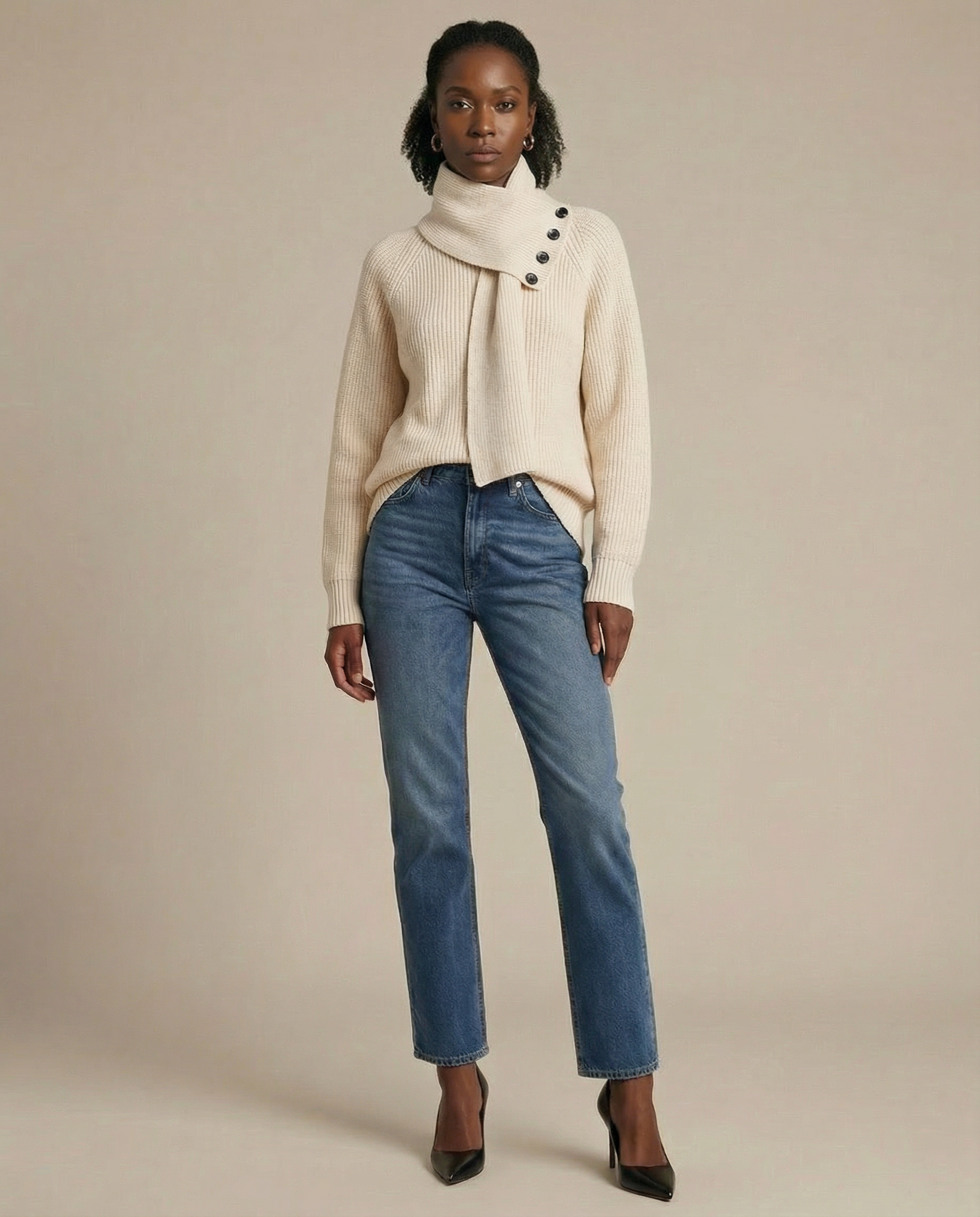 Harper Asymmetric Button-Neck Knit Sweater